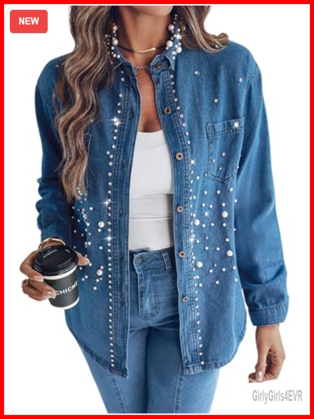 Button Down Denim Shirt Faux Pearls Rhinestones Embellished Long Sleeve